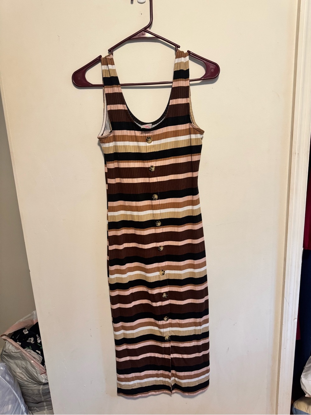 No Boundaries Brown Multi Striped Ribbed Button-Front Midi Dress